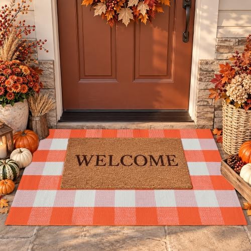 Orange and White Plaid Rug, 24'' x 51'' Fall Front Door Decor Mat, Cotton Washable Hand-Woven Door mat for Layered Doormat, Autumn Halloween Thanksgiving Carpet for Porch, Entryway - Image 3