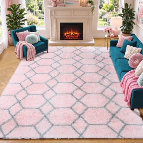 5x7 Area Rugs for Living Room Bedroom, Fluffy Pink and Grey Geometric Rug by ONASAR