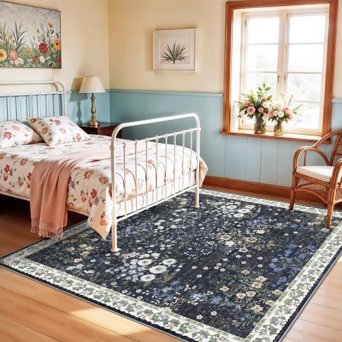 8x8 Square Area Rug Living Room, Non-Slip Floral Washable 8ft Square Rug Low Pile Thin Indoor Carpets for Dining Room Bedroom Office High Traffic Area Boho Vintage Home Decor (8ft Square, Blue) - Image 5