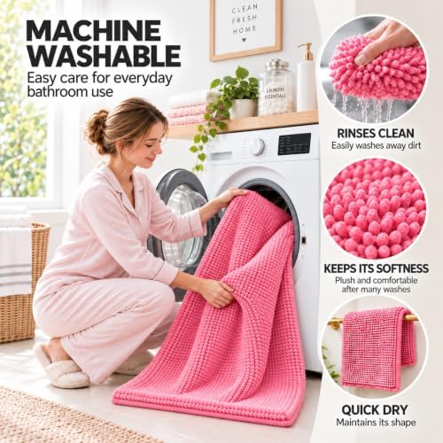 Pink Bathroom Rugs Chenille Bath Mat Set 2-Piece Bath Rugs for Bathroom Extra Soft Bath Mats for Bathoom Non Slip Absorbent Shag Bathoom Carpet - Image 3
