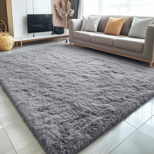 OLANLY 6x8 Machine Washable Large Area Rugs for Living Room, Bedroom, Soft Fluffy Shaggy Bedside Rug, Indoor Floor Carpet for Kids Girls and Boys, Dorms, Nursery, Home Decor Aesthetic, Light Grey - Image 3