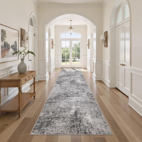 DMOYEST Washable Runner Rug for Hallway: 3x12 Neutral Modern Abstract Low Pile Area Rug with Non-Slip Backing - Carpet for Bedroom Kitchen Laundry Entryway Bathroom Indoor - Grey by DMOYEST