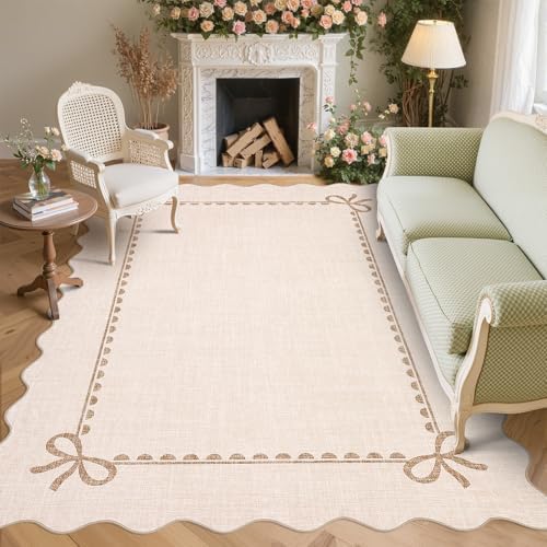GarveeHome Scalloped Bow Rug 8x10 Washable Beige Rug for Living Room by GarveeHome
