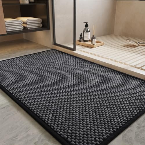 PADOOR-Bath Mat-Super Absorbent Chenille Bathroom Mats-Rubber Backed Bath Mats for Bathroom Non Slip, Easy Clean Bathroom Rugs Front of Bathtub,Shower Room,Sink-17×35, Darkgrey&Black by PADOOR