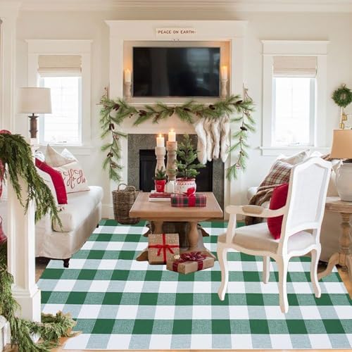 Green & White Christmas Plaid Rug, 4' x 6' Check Indoor/Outdoor Area Rug, Hello/Welcome Door Mat Layering Rug, Machine Washable Cotton Woven Rugs for Farmhouse Front Porch, Entryway - Image 2