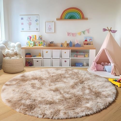 ONASAR Round Rugs 6ft for Living Room Bedroom, Tie-Dye Beige Fluffy Circle Area Rug for Kids Girls Boys Teen, Soft Plush Shaggy Carpet for Nursery Dorm Classroom Playroom Home Decor Aesthetic - Image 4