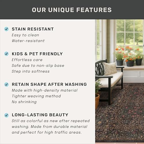 Washable Dark Brown 4x6 Area Rugs for Living Room, Bedroom Bedside Rug, Kitchen, Mudroom, Home Office, Non-Slip Low Pile Ultra Soft Stain Resistant, Small Vintage Taupe Accent Botanical Floral Carpet - Image 6