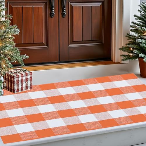 Buffalo Plaid Area Rugs 27.5x43.3 Inches Orange and White Checkered Rug Washable Front Door Mat Outside Entrance Hand Woven Cotton Outdoor Rug for Front Porch Kitchen Entryway Patio Bathroom - Image 3