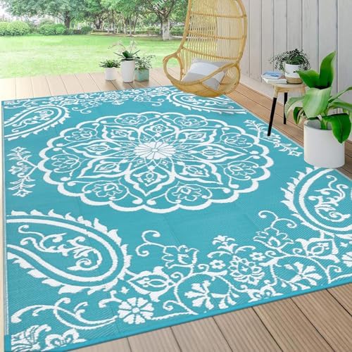 Pauwer Outdoor Rug 6x9, Waterproof Plastic Straw Camping Rug, Boho Teal by Pauwer
