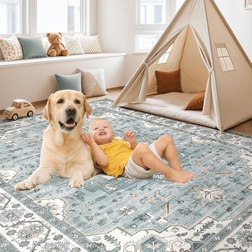 cotiled 8x10 Area Rug for Living Room, Washable, Traditional, Denim Blue - Image 4