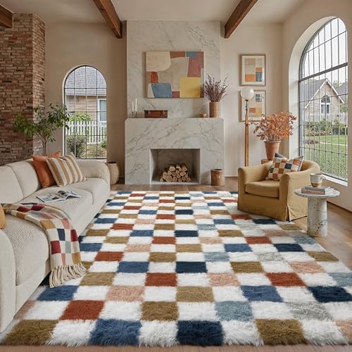 PureCozy Checkered Area Rug 8x10 for Living Room Soft Fluffy Shag Carpet by PureCozy