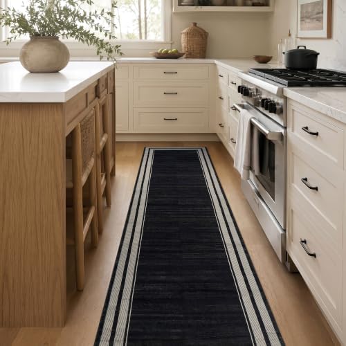 Rugshop Striped Border Machine Washable Non-Slip Runner Rug, 2'x10' Black by Rugshop
