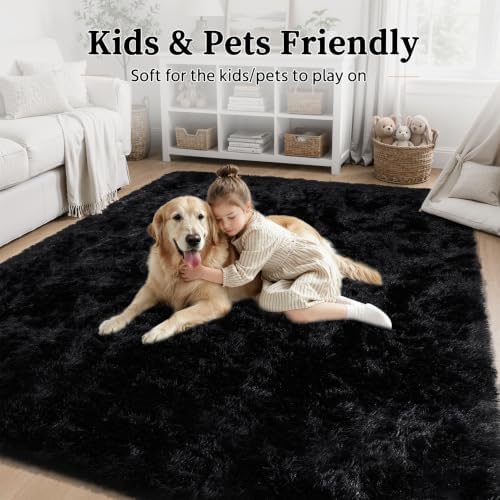 TENGTENGLINK 6ft Round Shag Area Rug Living Room Bedroom Washable Black - Image 7
