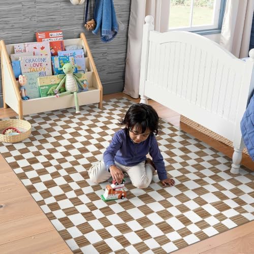 jinchan 4x6 Area Rug Washable Modern Checkered Rug for Kids Room, Brown - Image 3