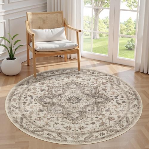 cotiled 5ft Round Living Room Area Rug, Washable, Traditional, Light Brown by COTILED