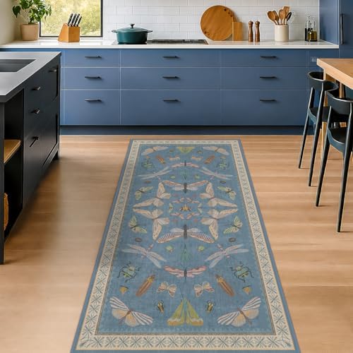 3x6 Washable Rug, Ultra Soft Runner Rug for Bathroom, Large Kitchen, Kids Bedroom Bedside & Entryway, Non Slip Low Pile Stain & Fade Resistant Area Rug, Dusty Blue Insect Design - Image 3