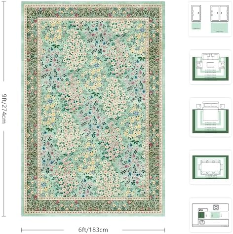6x9 Area Rugs, Washable Floral Area Rugs for Living Room, Indoor Area Rug for Bedroom, Dining Room, Low Pile Non-Slip Non Shedding Rug(Green Floral) - Image 2