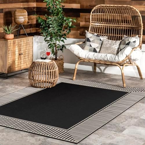 Nuloom Asha Black/Ivory, 5' x 8', Casual, Striped Border, Soft and Cozy, High Traffic, Stain Resistant, Easy Clean, Durable Area Rug for Indoor/Outdoor Patio, Deck, Porch, Garden, Courtyard by nuLOOM