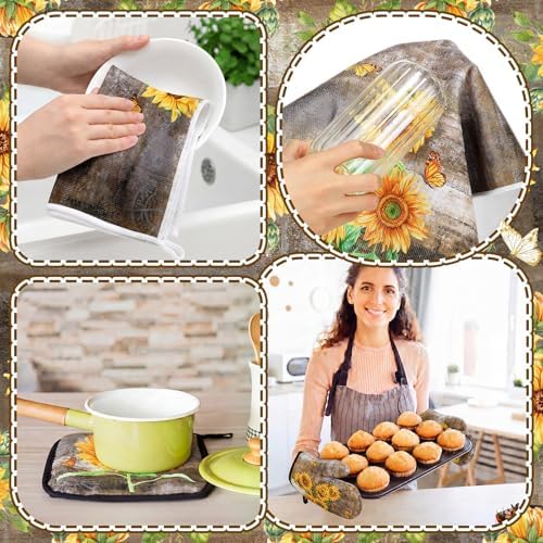 Fourluoo 10 Pcs Sunflower Kitchen Rugs Oven Mitts Pot Holders Set - Image 3