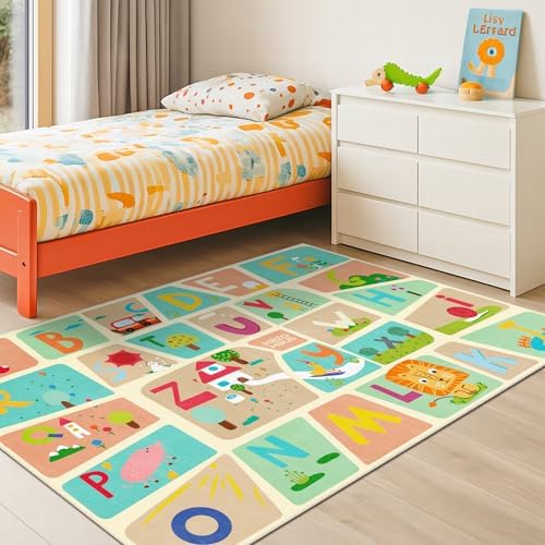 4x6 Preschool Kids Alphabet Rug – Washable ABC Learning Carpet for Toddlers, Educational Playroom Carpet with Fun Letters & Illustrations, Soft Nursery Rug for Reading, Craft, or Floor Play - Image 3