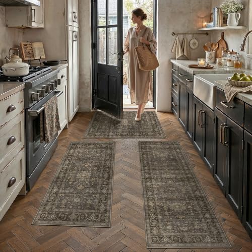 3 Piece Dark Brown Vintage Kitchen Rug Set - Image 2