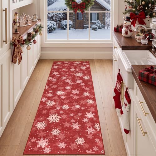 2x6 Runner Rug Non Slip for Entrance, Washable Christmas Kitchen Rugs, Ultra-Thin Snowflake Bathroom Rug Runner, Soft Red and White Christmas Decor Indoor(2'x6', Red/White) - Image 4