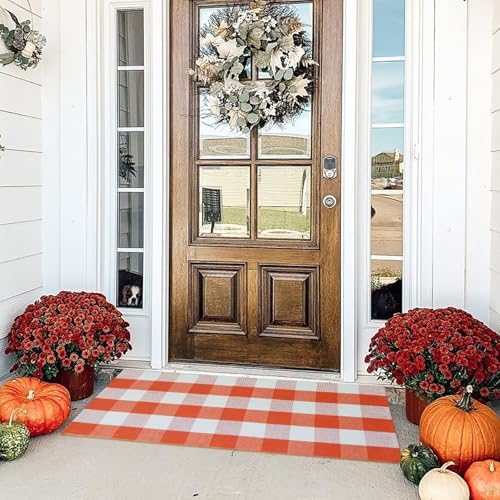 Buffalo Plaid Outdoor Rugs, 2'x4'3'' Orange and White Checkered Indoor/Outdoor Area Rug, Layering Rug for Hello/Welcome Door Mat, Washable Cotton Woven Farmhouse Mat for Fall Front Porch Décor by BOTTA