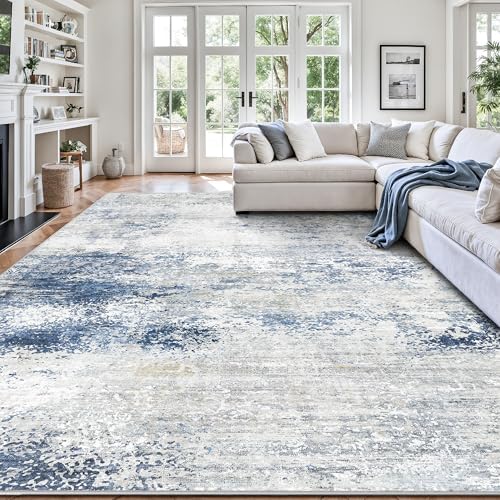8x10 Area Rugs, Abstract Modern Ultra Soft Washable Rug, Non Slip Carpet with Rubber Back Stain Resistance Rugs for Living Room, Bedroom, Dining Room Decor(Blue & White) by Yarooge
