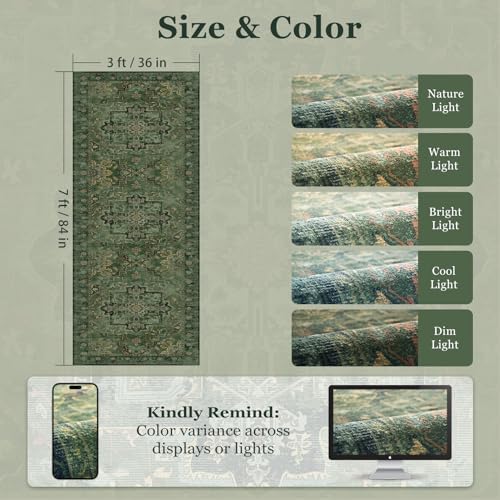 Green Medallion 3x7 Hallway Runner Rug, Washable Non Slip Runners for Kitchen Floor, Low Pile Thin Distressed Vintage Runner Carpet for Entryway/Mudroom/Foyer/Bathroom/Bedroom - Image 2