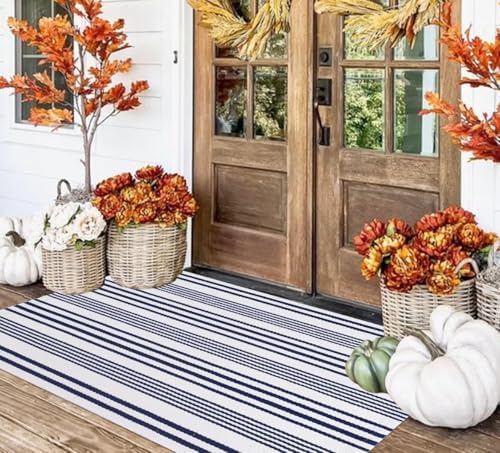 BUAGETUP Washable Outdoor Rug 3'x 5',Blue and White Cotton Front Porch Rug by BUAGETUP