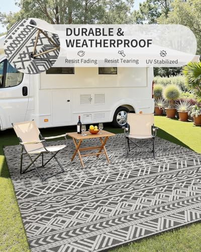 MontVoo Outdoor Rug Carpet Waterproof 10x14 Outdoor Patio Rug Mat Reverisble Plastic Straw Outdoor Rugs for RV Camping Picnic Beach Balcony Boho Grey Large - Image 4