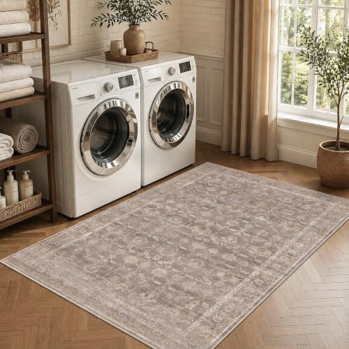 Bedroom Washable 4x6 Area Rug Non-Slip Retro Throw Carpet Taupe Wheat - Image 3
