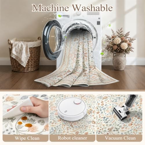 Tosuoka 6x9 Area Rugs Washable Vintage Floral Rug Boho Beige Neutral Carpet - Image 4