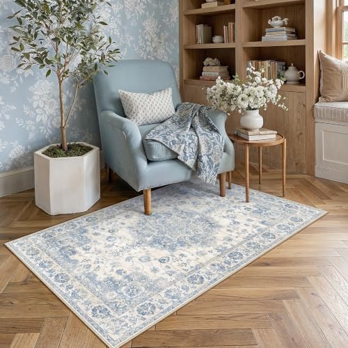 PureCozy Blue Area Rug 3x5 Entryway Vintage Floral Non-Slip Carpet by PureCozy