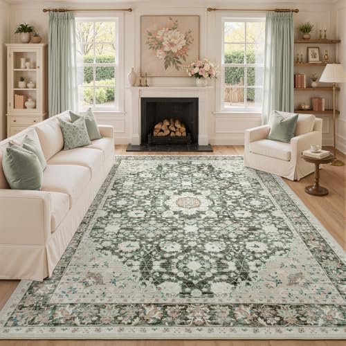 Lessymo 9x12 Area Rugs for Living Room,Large Washable Floral Carpet Brown by Lessymo