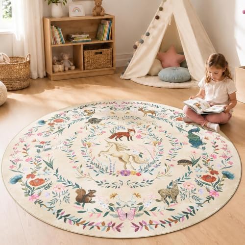 jinchan 6ft Round Kids Rug Washable Whimsical Nursery Playroom Rug, Cream by JINCHAN
