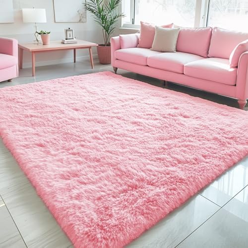 OLANLY 5x8 Machine Washable Large Area Rugs for Living Room, Bedroom, Soft Fluffy Shaggy Bedside Rug, Indoor Floor Carpet for Kids Girls and Boys, Dorms, Nursery, Home Decor Aesthetic, Pink by OLANLY