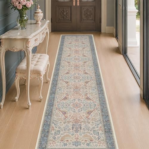 Hazo Haus Soft Red Blue 2x10 Long Hallway Runner Rug, Boho Farmhouse Rug for Mudroom Kitchen and Bathroom, Non-Slip Low-Pile Washable Stain Resistant, Vintage Natural Botanical & Bird Pattern Décor by HazoHaus