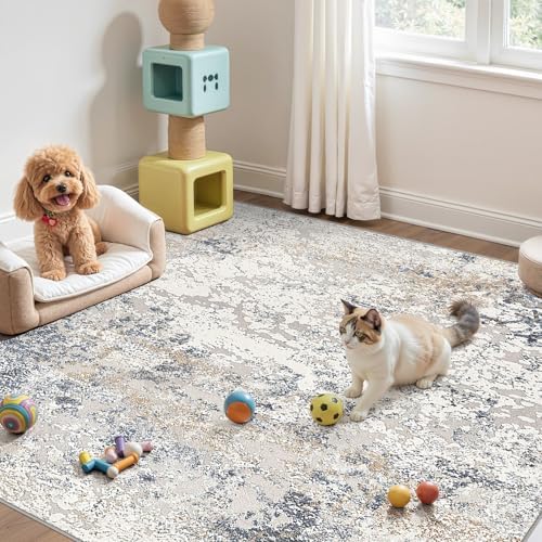 DMOYEST Square Area Rug Living Room Rugs - 8x8 Washable Large Soft Indoor Neutral Modern Abstract Low Pile Rug Carpet for Bedroom Dining Room Farmhouse Home Office - Beige Blue - Image 5