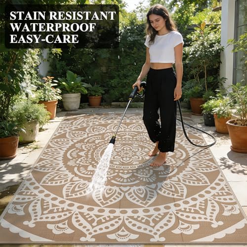 Bsmathom Waterproof Outdoor Rug 9x12ft Large Reversible Boho Plastic Straw Patio Deck Camping Rugs, Indoor Outdoor Portable RV Mat Carpet for Outside, Porch, Balcony, Backyard, Beach, Pool,Brown - Image 6