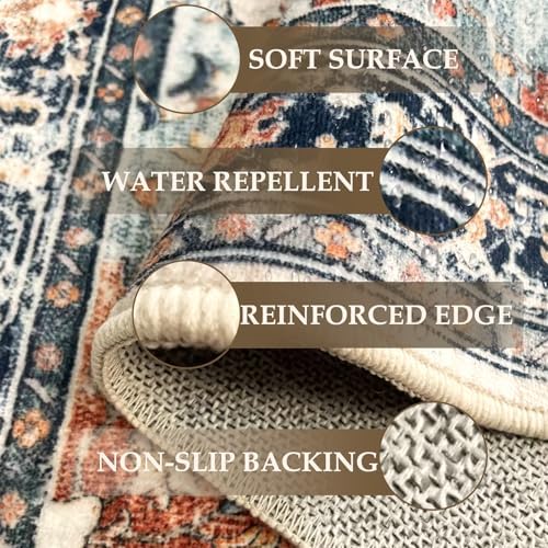RELEANY Washable Area Rug, 3'x5', Beige/Blue/Orange - Image 4