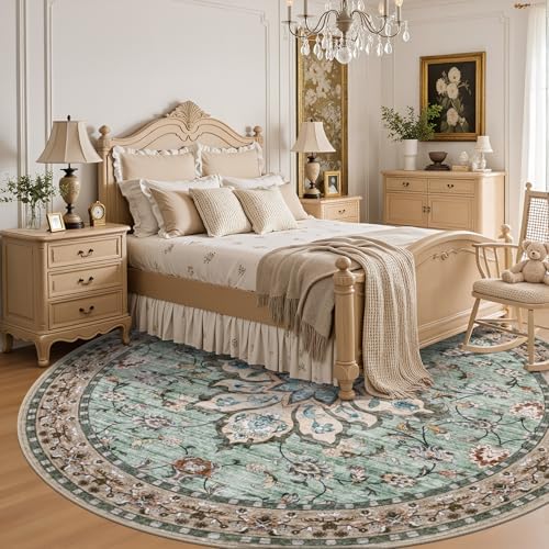 Round Area Rug for Living Room: 6ft Boho Washable Rug Brown Green - Image 4