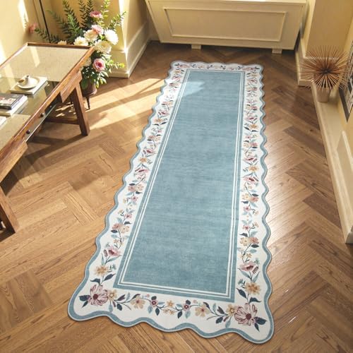 Lahome Floral Blue 2x6 Runner Rug for Hallway, Scalloped Kitchen Rug by Lahome