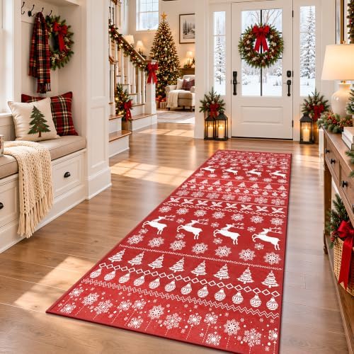Christmas Runner Rug 2x6 Red Washable Rugs for Hallway, Soft Non-Slip Low Pile Christmas Tree Elk Snowflake Carpet for Kitchen Entryway Bedroom Kids Nursery Holiday Throw Home Decor(Red Elk) - Image 3