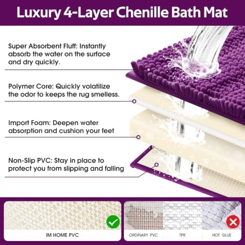 ACCUMTEK Striped Purple Bathroom Rug Set 3 Pieces Ultra Soft, Non Slip Chenille Toilet Mat, Absorbent Plush Shaggy Bath Mats for Bathroom, Bedroom, Kitchen - Image 5