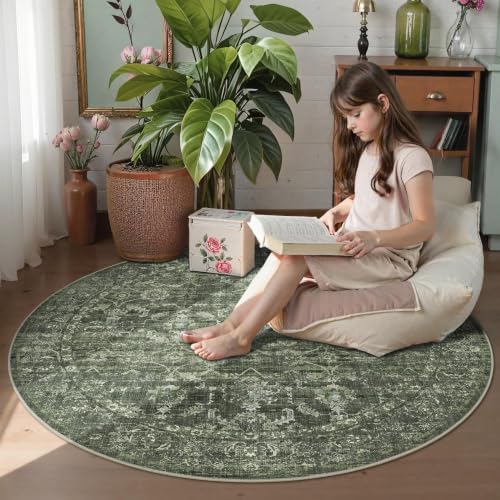 4ft Round Washable Office Rug Non-Slip Retro Dark Green Throw Carpet - Image 6