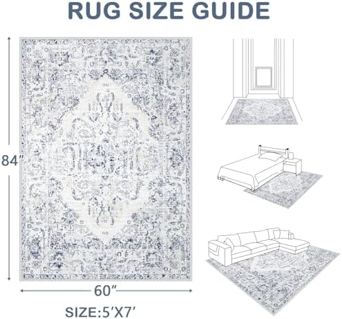 5x7 Area Rugs for Living Room: Washable Rug Vintage Large Rugs Soft Non Slip Low Pile Rug Floral Distressed Floor Carpet for Bedroom Kitchen Nursery Dining Room Home Office (Blue, 5'x7') - Image 2