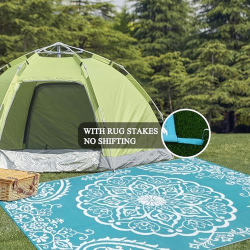 Pauwer Outdoor Rug 8x10, Waterproof Plastic Straw Camping Rug, Boho Teal - Image 6