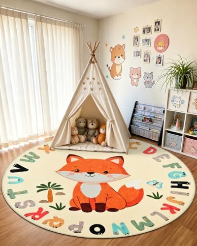 TWINNIS Kids Animal Print Round Rug for Playroom, Alphabet Washable Area Rugs for Boy Girl Baby Toddler Children, 4x4 Cute ABC Mat Play Carpet Nursery Bedroom Decor, Fox - Image 5