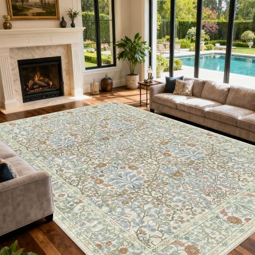 10x14 Area Rug for Living Room Washable Carpet (Beige Blue) - Image 3